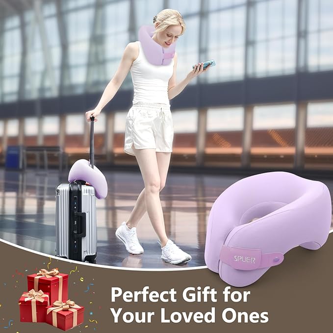 2in1 Ergonomic Memory Foam Travel Neck Pillow – Travel Pillow for All Sleep Positions on Flights, Road Trips, and Long Distance Travel with Drawstring Bag (Adjustable - Lavender)