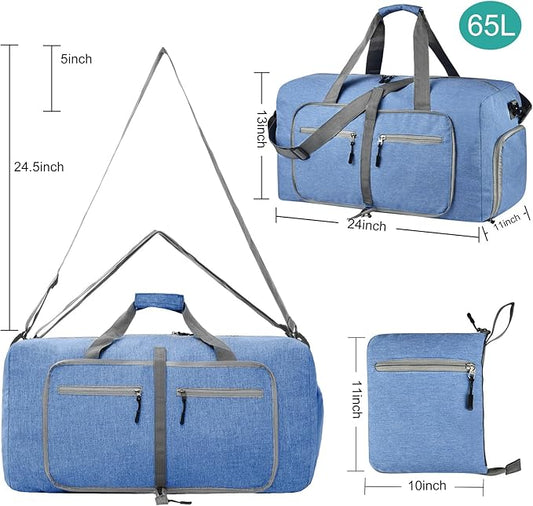 Dimayar 65L Travel Duffle Bag for Men Women - Foldable Duffel Bag with Shoes Compartment - Overnight Bags Waterproof & Tear Resistant(Blue)