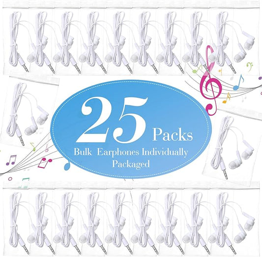 Kanayu 100 Pack Wired Earbuds Bulk for Classroom Ear Headphones Wired Basic Student Earbuds No Microphone with 3.5MM Jack for Class Laptop School Library, Individually Bagged (White)