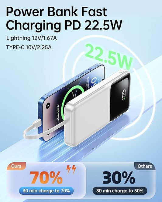 Portable Charger with Built in Cable - Power Bank Fast Charging USB C LED Display 10000mah Battery Pack 5 Outputs & 3 Inputs for Travel Essentials iPhone Samsung Android Phones Tablets Grey