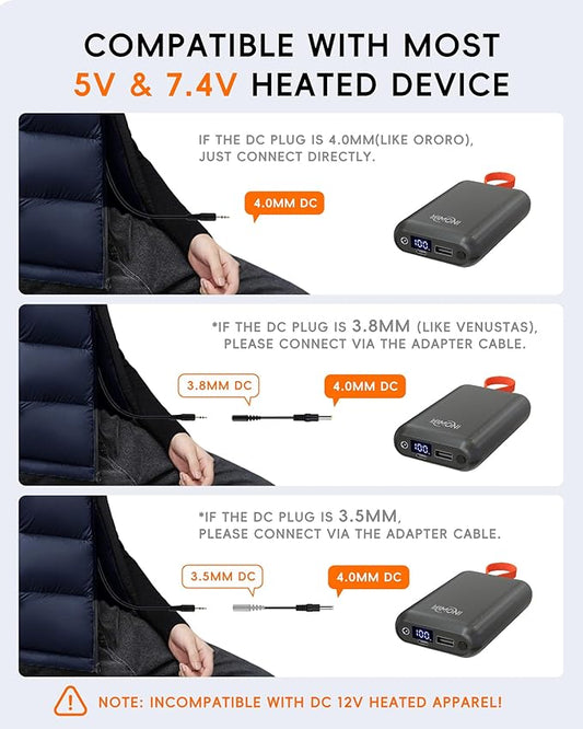 𝟕.𝟒𝐕/𝟱𝗩 𝟮𝗔 𝟯𝗔 𝟮𝟬𝟬𝟬𝟬𝗺𝗔𝗵 Heated Vest Battery Pack for ORORO, Venustas, Tidewe, Power Bank with LED Display for Heated Vest Jacket Pants Gear Chair Seats Blanket