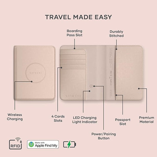 Satechi Passport Holder for Travel with Find My, Passport Cover with 4 Card Holder, Wireless Charging, and RFID protection – Travel Essential Vegan Leather Passport – Desert Rose