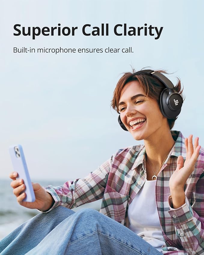 Tronsmart Sounfii Q20 Active Noise Cancelling Headphones, Wireless Over Ear Headphones, 60H Playtime, Rich-Detailed Sound, Customize EQ, Comfort Fit Ear Cups, for Travel, Home Office(Black)