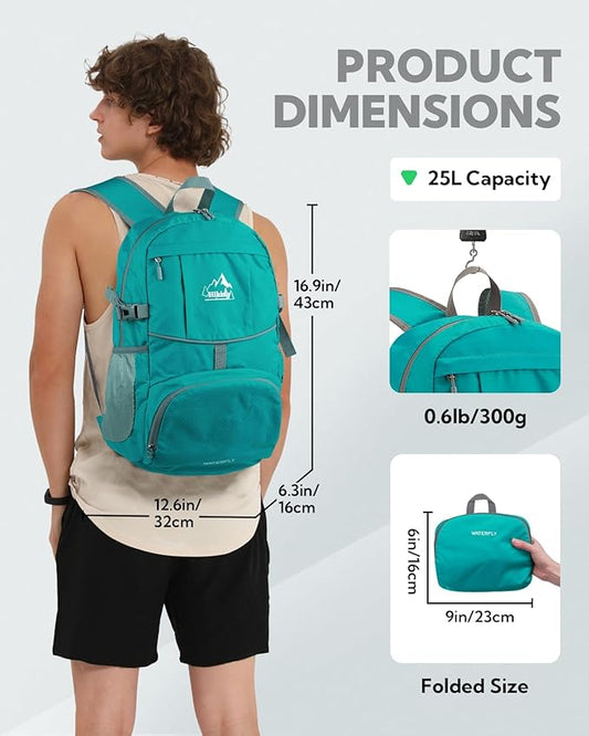 WATERFLY Hiking Packable Daypack Backpack: 25L Ultra Lightweight Day Pack for Woman Man - Small Compact Folding Back Pack for Outdoor Sport Cycling Camping Travel Trip - Turquoise