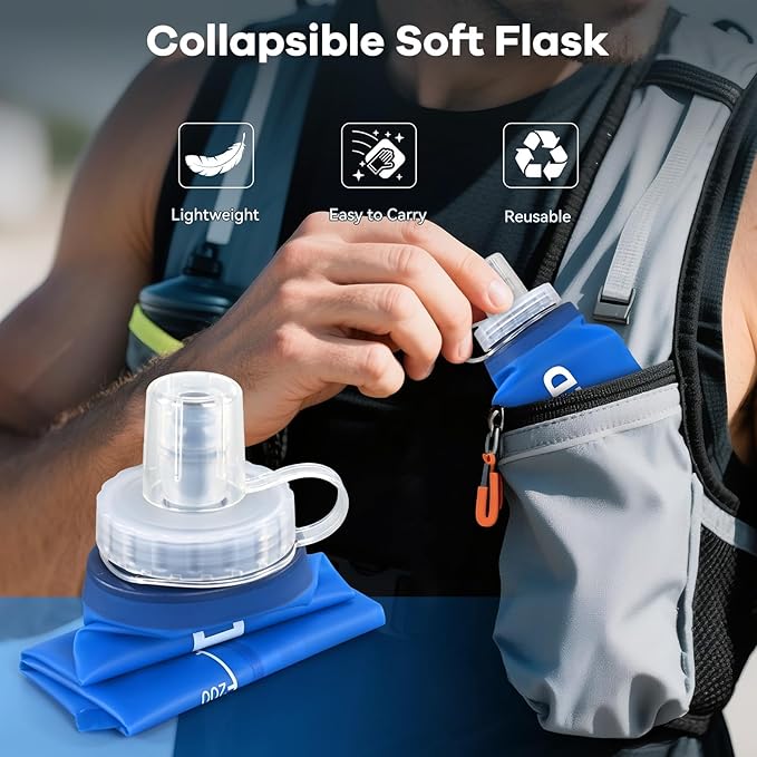 24oz Collapsible Soft Water Bottle, BPA-Free, Soft Flask with Bite Valve, for Climbing, Running, Hiking, Marathon (Bule & Grey, 2Pack)