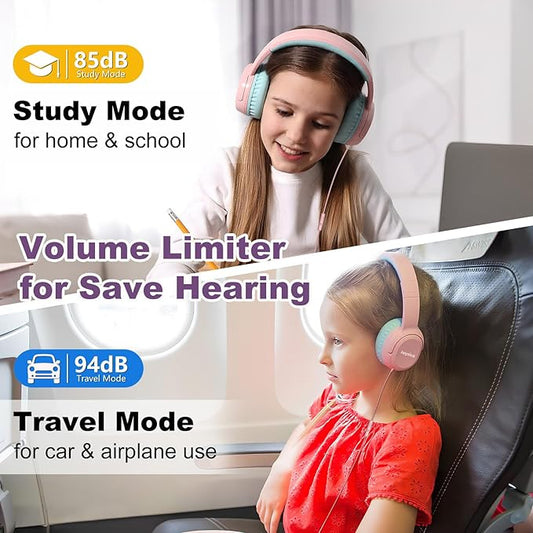 Kids Headphones with Cord & Mic for School Class Airplane Travel, 85/94dB Volume Limit Over Ear Earphones for Boys Girls Teens, Wired Foldable Headset for iPad Tablet Kindle Laptop PC Pink