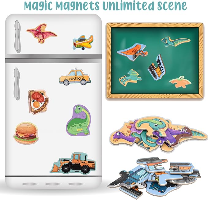 ASTARON 3D Magnetic Puzzle with 80 Puffy Stickers for Toddlers, 42 Pieces 3-in-1 Food Puzzles Preschool Education Learning Travel Toys Car Plane Activities for Kids Road Trip Birthday Gifts