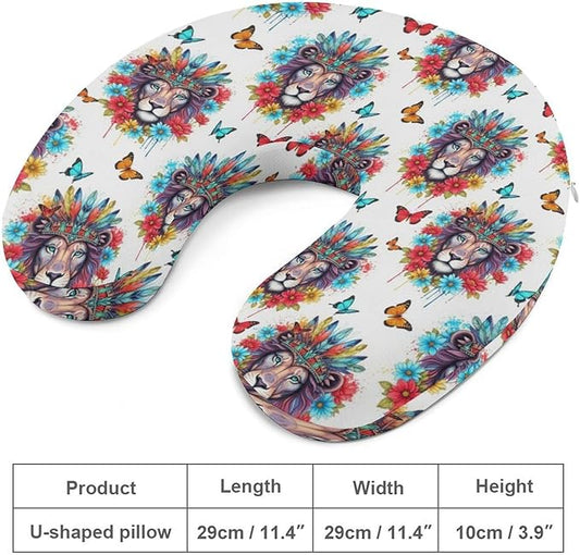 Pain Relief Travel Pillow Memory Foam Chin Support Colorful Lion Flowers Floral, Breathable Washable Cover for Airplane Car Office