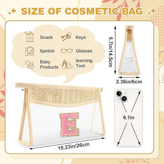 Small Boho Straw Initial Letter Makeup Bag Personalized Gift ,Cute Clear Chenille Patch Makeup Bag With Zipper,Trendy TSA Approved Travel Toiletry Bag,Gift for Women Girls Birthday Friend, Letter E
