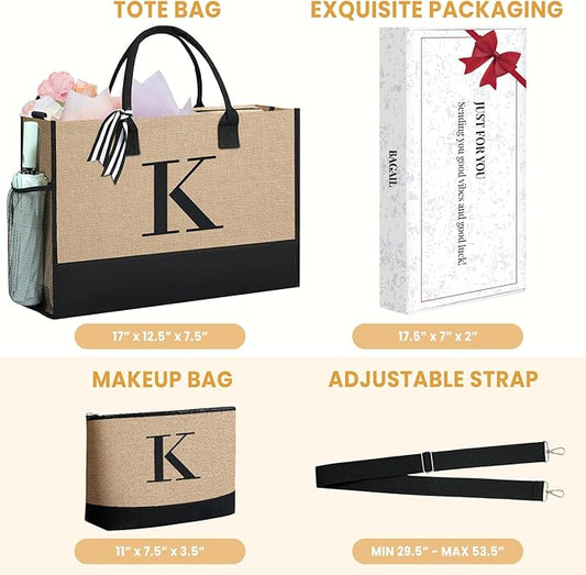 BAGAIL Initial Tote Bag, Personalized Birthday Gifts for Women, Teacher, Friends, Mom, Wedding, Monogrammed Beach Bag