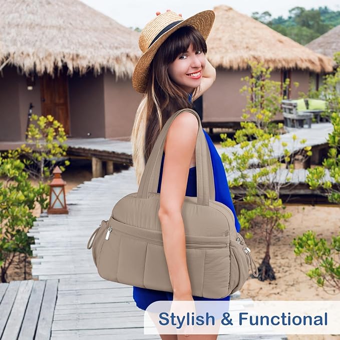 TOPDesign Travel Duffel Bag for Women, Puffer Gym Bag Sports Tote with Wet Pocket, Carry On Weekender with Luggage Sleeve (Camel)