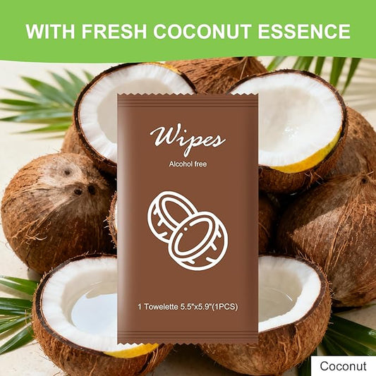 Individual Hand Wipes,Wet Wipes Individually Wrapped Bulk Cleansing Travel Size Wet Wipes for Wedding Travel Restaurant Barbecue(coconut,pack of 50)