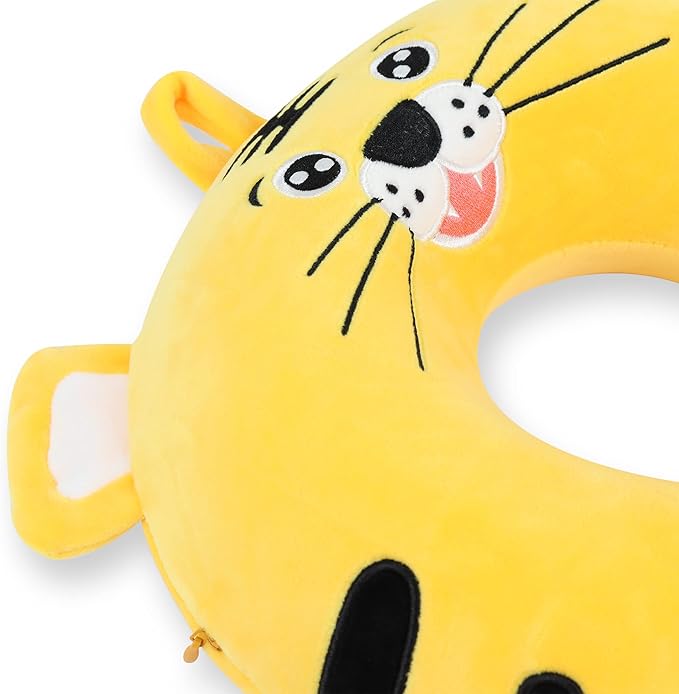 Sexysamba Cartoon Headrest & Neck Pillow for Kids Boys & Girls, Teens, Travel Accessories for Airplane, Car, Recline, Memory Foam Cute Travel Pillow with Sleep Eye Mask - Tiger