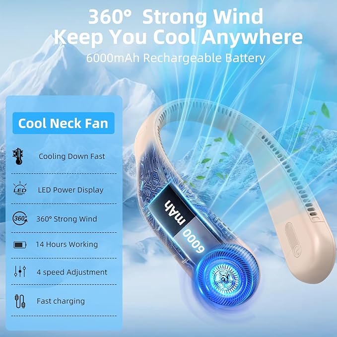 Portable Neck Fan,Hands Free Personal Wearable Bladeless Fan,6000mAh USB Rechargeable,360° Cooling,LED Display,4-Speeds,Birthday Gifts for Men Women Dad Mom,Stocking Stuffers Christmas Gifts (Brown)