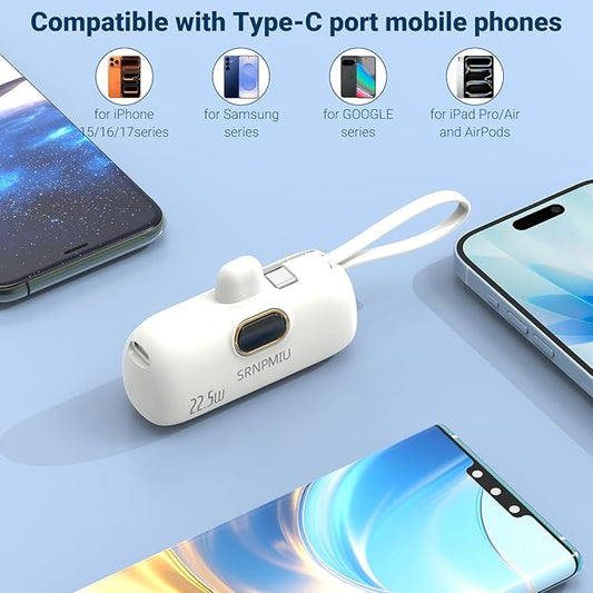 Portable Charger for iPhone 17/16/15 Series, 5000mAh Mini Power Bank with Built-in USB C Connector, 22.5W Fast Charging Battery Pack for Samsung Galaxy S25/S24/S23 Series, iPad etc (White)