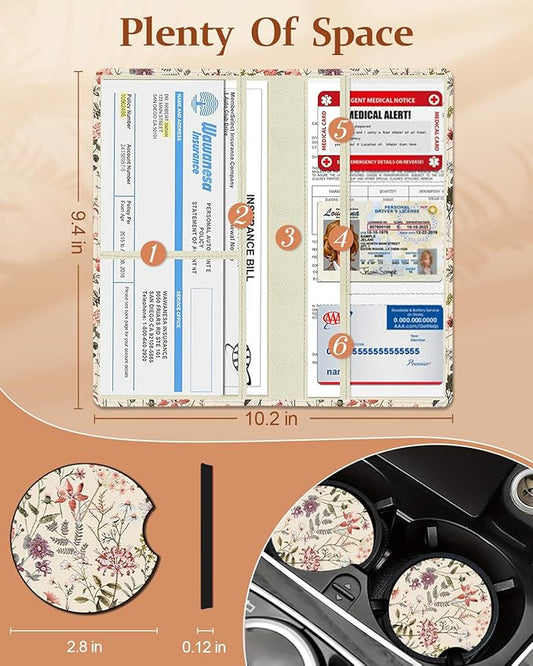 Slohif Car Registration and Insurance Holder - Floral Vehicle Glove Box Organizer Women with Magnetic Shut Leather Automobile License Holders Coasters Auto Accessories Case for Document