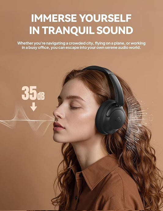 Hybrid Active Noise Cancelling Headphones, Over-Ear Bluetooth Headphone, 60H Playtime, Deep Bass, Transparency Mode, Comfort Fit Ear Cups, White Elephant Gifts for Adults, Travel Office Home - Black