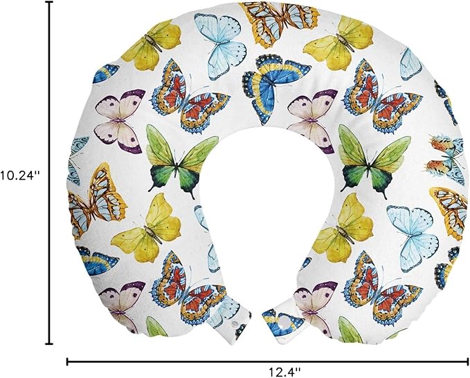 Ambesonne Butterfly Travel Pillow Neck Rest, Colorful Watercolor Animals with Numerous Different Designs and Elements, Memory Foam Traveling Accessory for Airplane and Car, 12", Yellow Blue