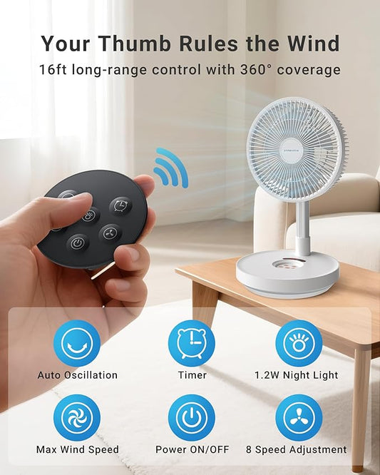 Primevolve Portable Rechargeable Oscillating Fan, Battery Operated Fan Adjustable Height, USB Home Office Outdoor Camping Travel, White 10"