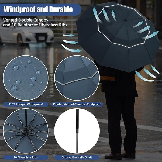 62/54/46 Inch Umbrellas for Rain Large Travel Compact Golf Umbrella Inverted Windproof Double Canopy 10 Ribs Automatic Open/Close UPF50+ Sun UV Protection
