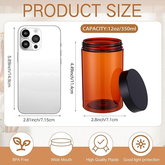 SATINIOR 12 Pack 12 oz Plastic Container Jars with Lids Round Clear Travel Cosmetic Container Slime Jars for Toiletries, Lotion, Cream, Ointments, Makeup, Rhinestone, Samples, Kitchen Storage(Amber)