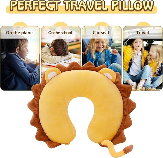 H HOMEWINS Travel Pillow for Kids,Cute Animal Neck Pillow for Boys Girls,Soft Neck Head Chin Support Pillow,Travel Accessories for Airplane, Car, Train,Recline(Lion)