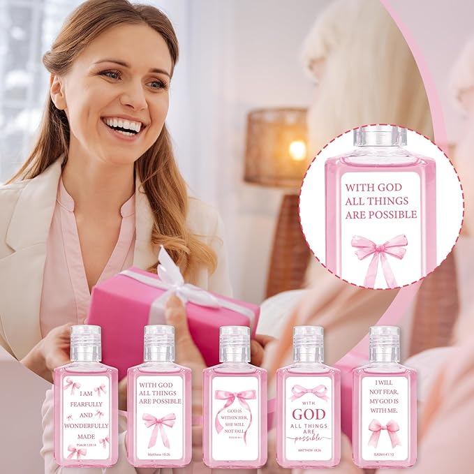 50 Pcs Christian Mini Hand Sanitizer Bulk Coquette Pink Bible Verse Hand Sanitizer Pink Bow Religious Inspirational Favors 1fl oz Travel Size Hand Soap Gift for Christmas Christian Party Supplies