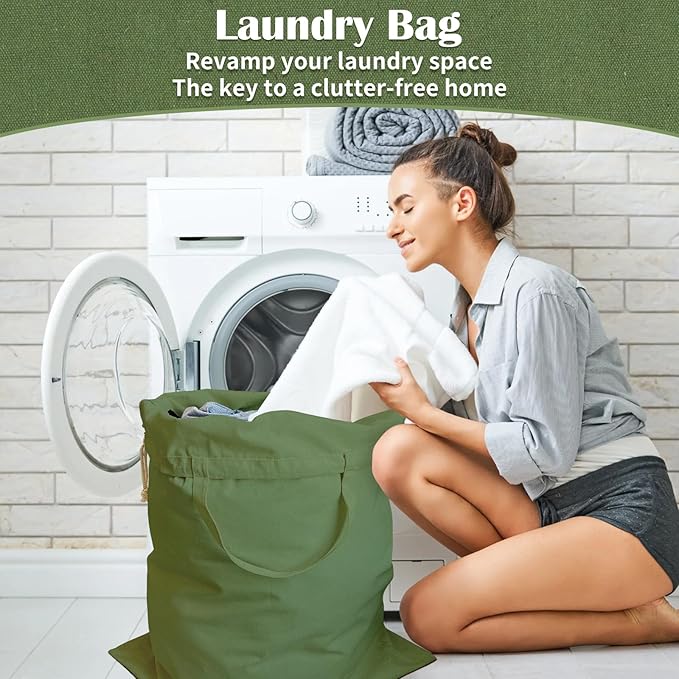 Canvas Laundry Bag 33"x 35", Thick Cotton Laundry Bag with Handles & Drawstring, Extra Large Heavy Duty Washable Basket Liner Hamper Liner Canvas Storage Sack (XL ArmyGreen)