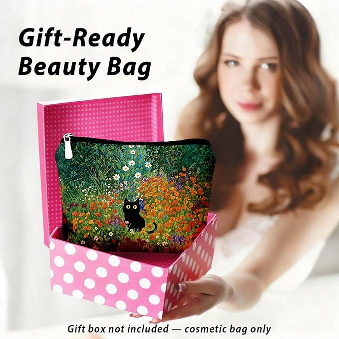 Cute Cat Makeup Bag, Kitty Cosmetic Zipper Travel Toiletry Bag for Traveling Women, Cute Black Cat Gifts for Women & Teen Girls, Cats Gifts Lovers