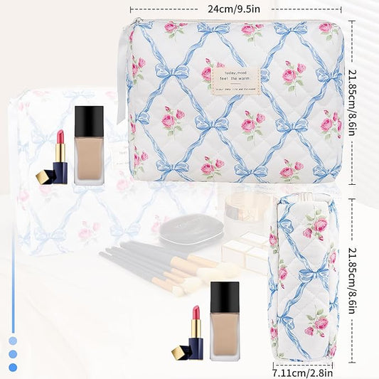 Floral Makeup Bag, Small Cosmetic Bag for Women Girls, Cute Cotton Makeup Bag, Quilted Makeup Bags, Flower Travel Toiletry Organizer Bag(Blue Flower)