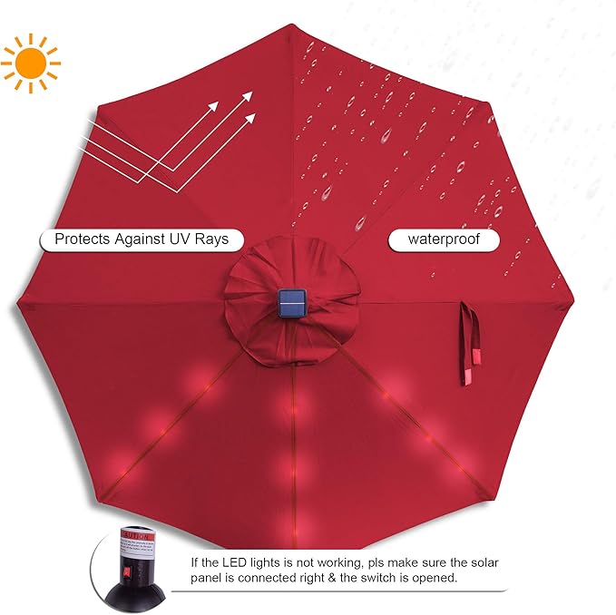 Sundale Outdoor 7 ft Solar-Powered 24 LED Lighted Patio Umbrella with Crank & Push Button Tilt for Garden, Deck, Backyard, Pool, 8 Ribs (Red)