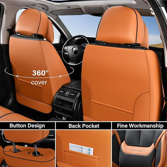 Coverado Universal Seat Covers Full Set, 5 Seats Universal Seat Covers for Cars, Waterproof Nappa Leather Car Seat Covers with Head Pillow, Auto Protectors Fit for Most SUV Pick-up Truck-Black&Brown