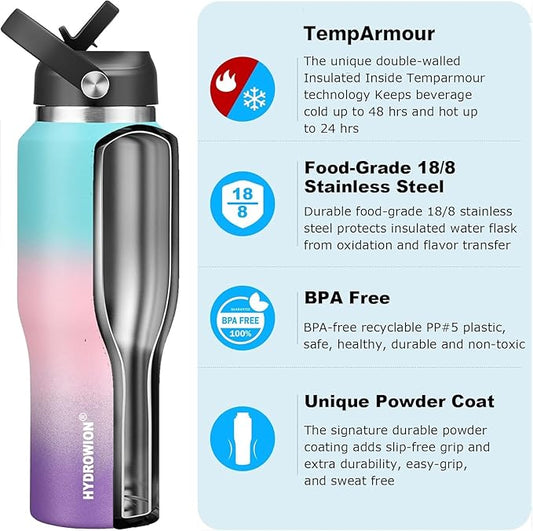 40 oz Insulated Water Bottle with Straw fit in Car Cup Holder(Cold 48 hrs, Hot 24 hrs) Drinking Bottle with Straw Lid, Spout Lid and Flex Cap Leakproof Travel Thermo Mugļ¼Mint - Pink - Purple