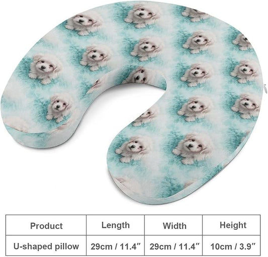 Fashion Travel Pillow Memory Foam Chin Head Support Cute Animal Maltese Art, Breathable Washable Cover for Women Men Airplane Car Decor