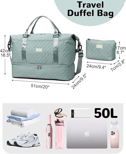 50L Large Travel Duffel Bag with Shoe Compartment & Toiletry Bag for Women, Large Hospital Bag with Wet Pocket, Blue