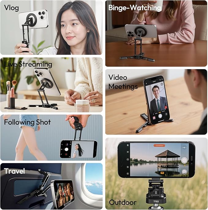 ULANZI Magnetic Phone Tripod Stand, Foldable Mini Tripod with MagSafe Phone Holder & Cold Shoe Mount, Camera Adapter with 1/4”, Arca, Uka QR Base, for DJI Canon Nikon, iPhone 17/16/15/14/13/12 Series
