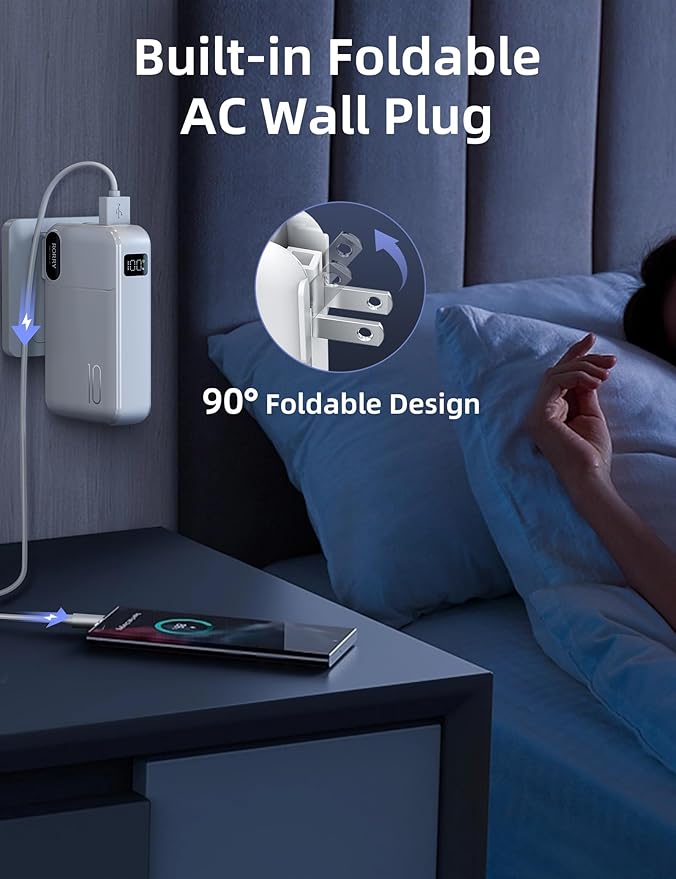 RORRY Portable Charger Built in Cables, AC Wall Plug In Portable Charger Power Bank 10000mAh Travel Battery Pack 22.5W Fast Charging for iPhone 17/16/15 Samsung Galaxy S24/S23/S22 Pixel LG iPad, White
