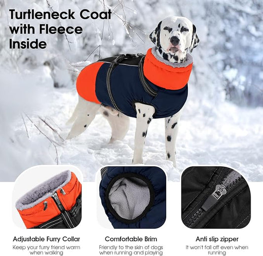 SUNFURA Large Dog Coat with Harness Built in, Warm Dog Jacket Waterproof Pet Winter Coat Snowsuit for Cold Weather, Reflective Fleece Jacket for Large Dogs, Border Collie, Blue XL