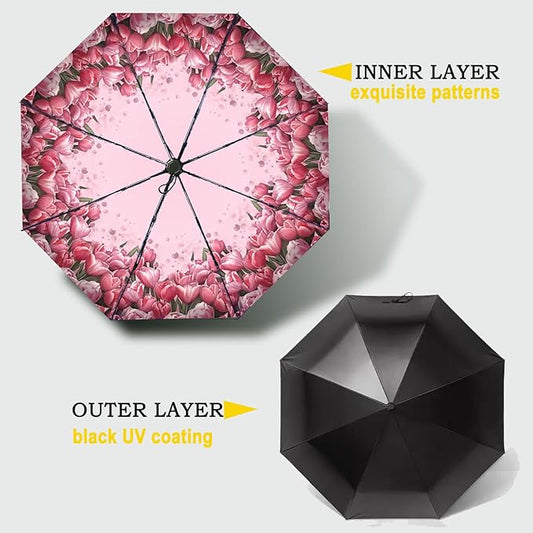 SIEPASA Compact Travel Umbrella - Windproof Auto Open/Close, Lightweight Folding Umbrella wIth Fiberglass Frame & Waterproof Canopy. Fits Backpack/Purse. (Tulip)