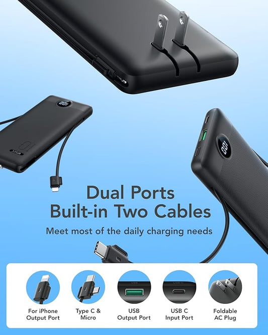 VRURC Portable Charger with Wall Plug, 10000mAh PD 20W Fast Charging Slim Portable Charger Built in Cables, Power Bank with Cords,USB C Portable Phone Charger Travel Accessories -Black(1 Pack)