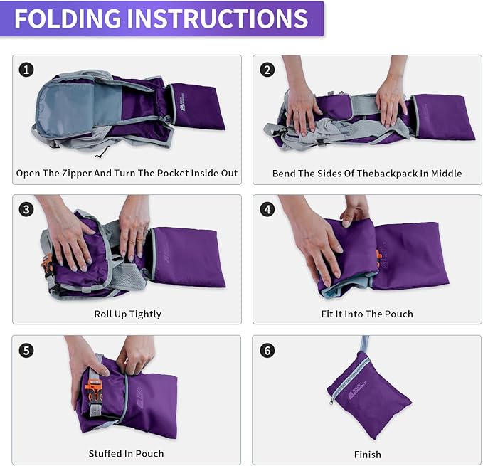 HIGH EXPERIENCE Hiking Backpack 10L/15L Small Daypack Lightweight Packable Travel Foldable Water Resistan for Women Men (Deep Purple, 10L)