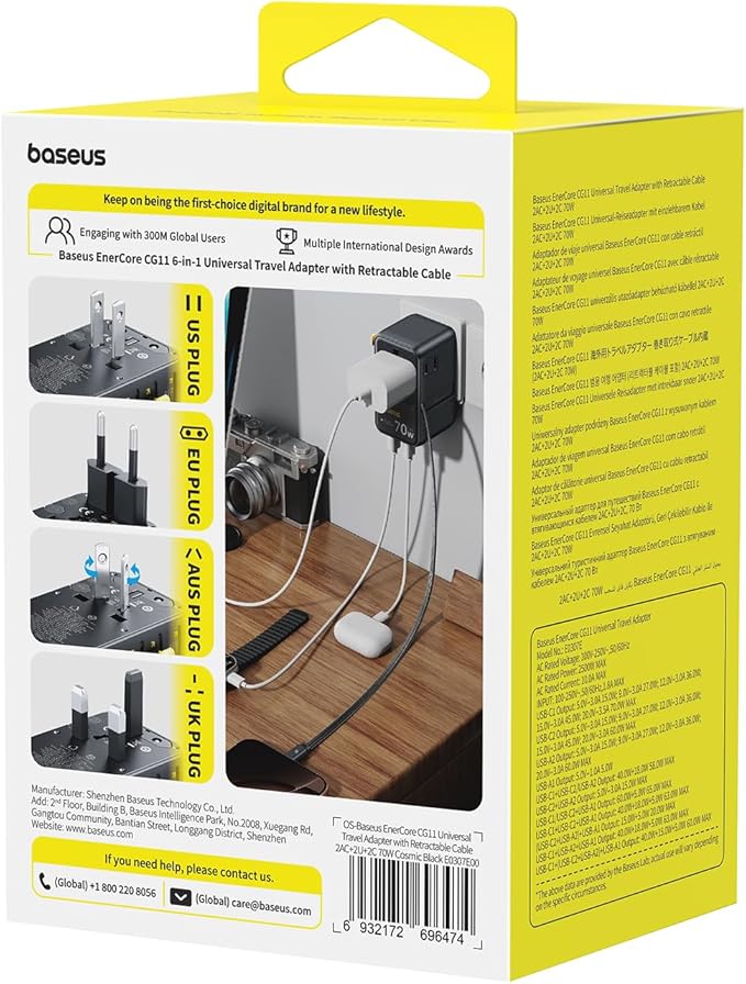 Baseus 70W Universal Travel Adapter, 6-in-1 International Plug Adapter with Retractable Cable, USB-C PD Fast Charging Worldwide Wall Charger for USA/EU/UK/AUS and Over 200 Countries - Enercore CG11