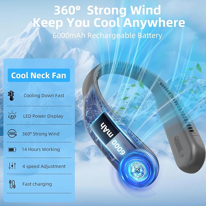 Portable Neck Fan,Hands Free Personal Wearable Bladeless Fan,6000mAh USB Rechargeable,360° Cooling,LED Display,4-Speeds,Birthday Gifts for Men Women Dad Mom,Christmas Gifts (Dark grey)