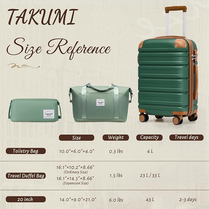 TAKUMI Carry On Luggage Set 3 Piece ABS+PC Hardshell Suitcases with Duffel Bag Double Spinner Wheels Travel Luggage with TSA Lock Lightweight Suitcase Set(GREEN BROWN, 3 PIECE SET(20/DB/TB))