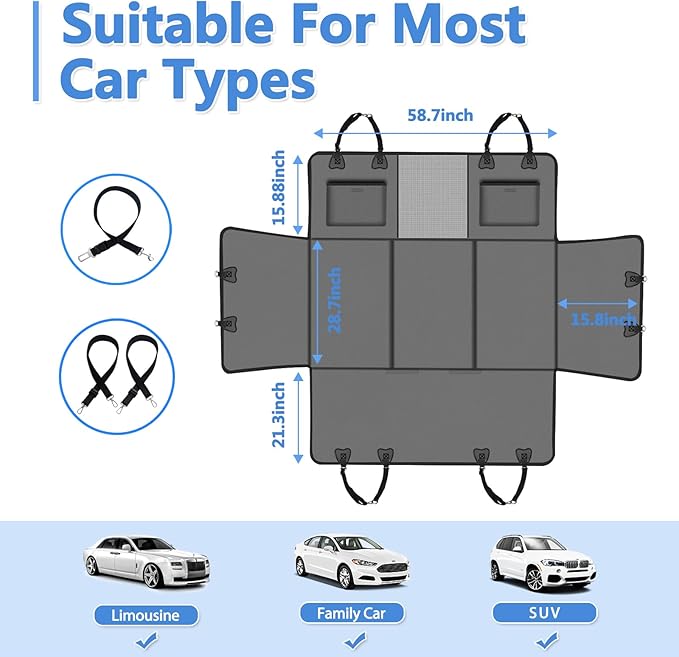 Hard Bottom Dog Car Seat Cover for Back Seat – Waterproof Nonslip Hammock Extender for Trucks & SUVs, Heavy Duty Pet Protector, Gray Faux Leather