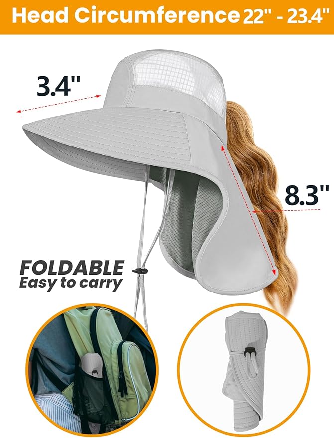 Sun Hats for Women UV Protection with Neck Flap Wide Brim Beach Hats with Ponytail Hole for Hiking Fishing Gardening Travel