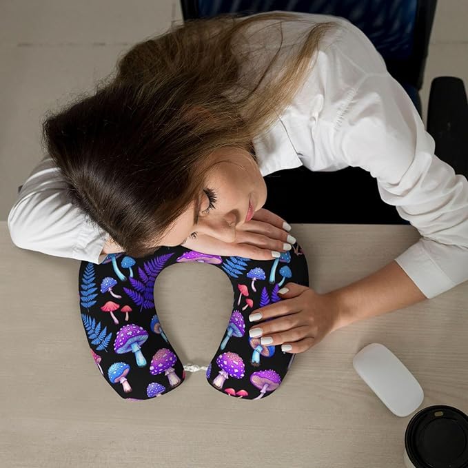 Travel Pillow for Men Women, Washable Relax U Shaped Neck Pillows for Car Head Pain Relief Sleeping Trippy Purple Blue Mushrooms