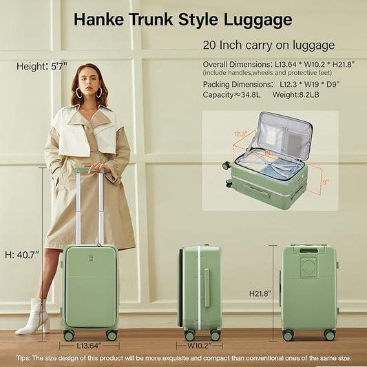 Hanke 20 Inch Carry On Luggage with Cup Holder and Charge,Top Opening Hard Shell Suitcases with Wheels and Dividers,Aluminum Frame Trunk Luggage Small Suitcase with Lock for Travel,Bamboo Green