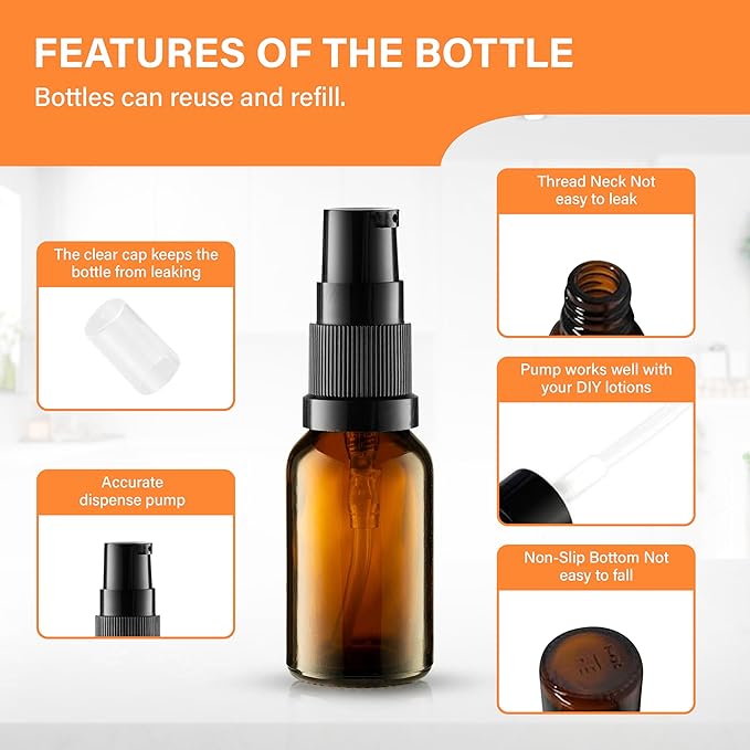 5 Pack Empty Refillable Glass Amber Pump Bottle Ideal for Lotion Cream Essential Oil Travel Small Container,15ml