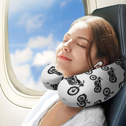 Memory Foam U-Shaped Travel Pillow Neck Pain Relief, Cool Crazy Antique Motorcycle Pattern U-Shape, Removable Cover Airplane Car Office